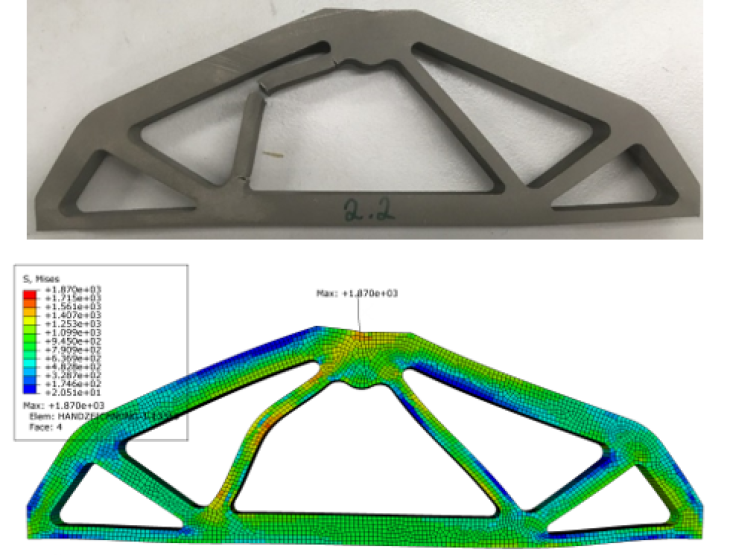 : Eine getestete Balkenstruktur nach dem 3-Punkt-Biegeversuch (oben) und Finite-Elemente-Simulation mit Spannungsverteilung (unten)
