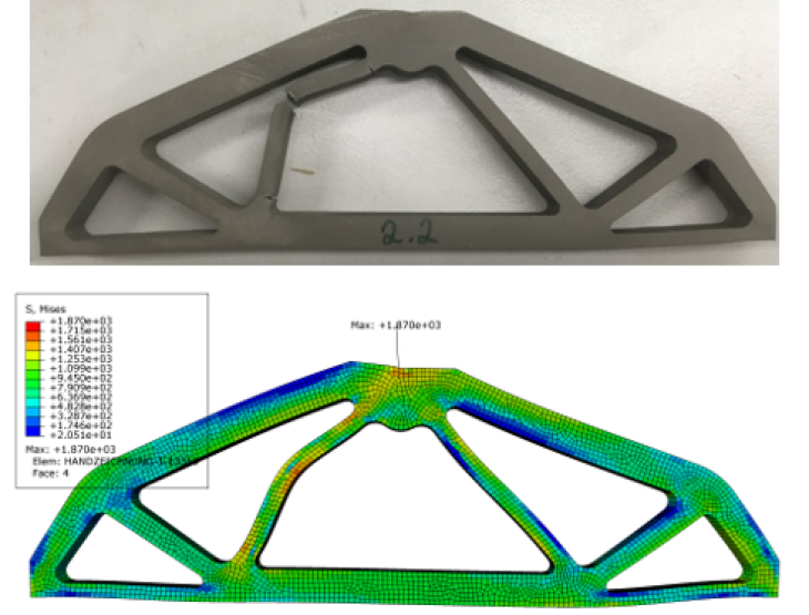 A tested beam structure after a 3-point bending test (top) and finite element simulation with stress distribution (bottom)